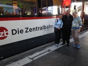 Doree, Dave and Karen getting ready to board the Golden Pass panorama train to Interlaken.