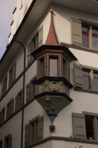 Many buildings are decorated on the corners with this sort of styling. The long pointy top seems to be a Swiss thing.