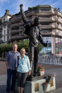 Steve and Linda pose by the statue of Freddie Mercury on the waterfront in Montreux.