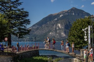 Visitors enter Varenna by walking down from the railroad track and crossing a stream on this bridge. Lake Como is in the background.