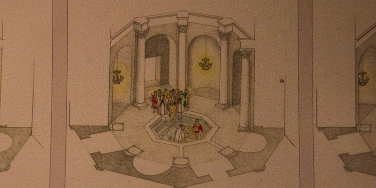 This is an artist's conception of what the baptismal area must have looked like when it was in use. Note the pool in the center and the space for all of the new convert's friends and family to gather around.