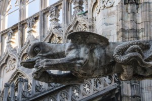 Another gargoyle on the Milan cathedral. They are shaped like ferocious creatures to scare away evil spirits.
