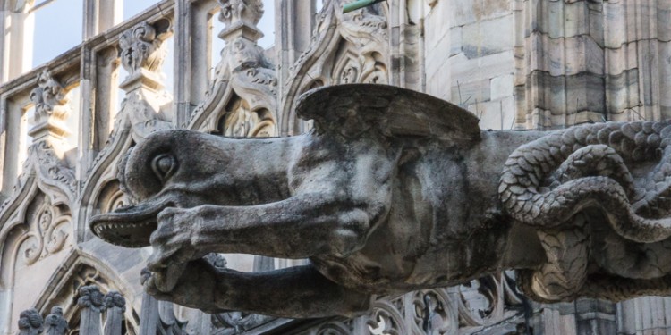Another gargoyle on the Milan cathedral. They are shaped like ferocious creatures to scare away evil spirits.