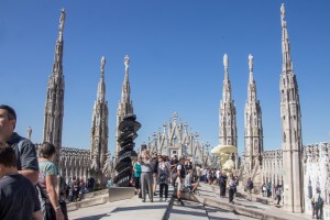The roof of the Milan cathedral was crowded with tourists taking pictures and enjoying the views. In addition to the expected spires, there were a bunch of these squiggly modern art sculptures up there. Makes no sense to me.