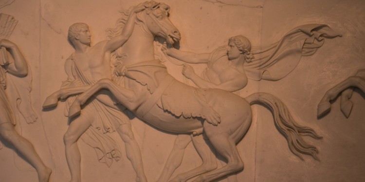 The larger rooms of the Villa Carlotta feature 3-d reliefs that circle the entire room, high on the walls. This is a small detail from the relief.